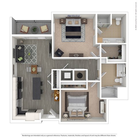 Floor plan for 1 bed, 2 baths, 967 sqft